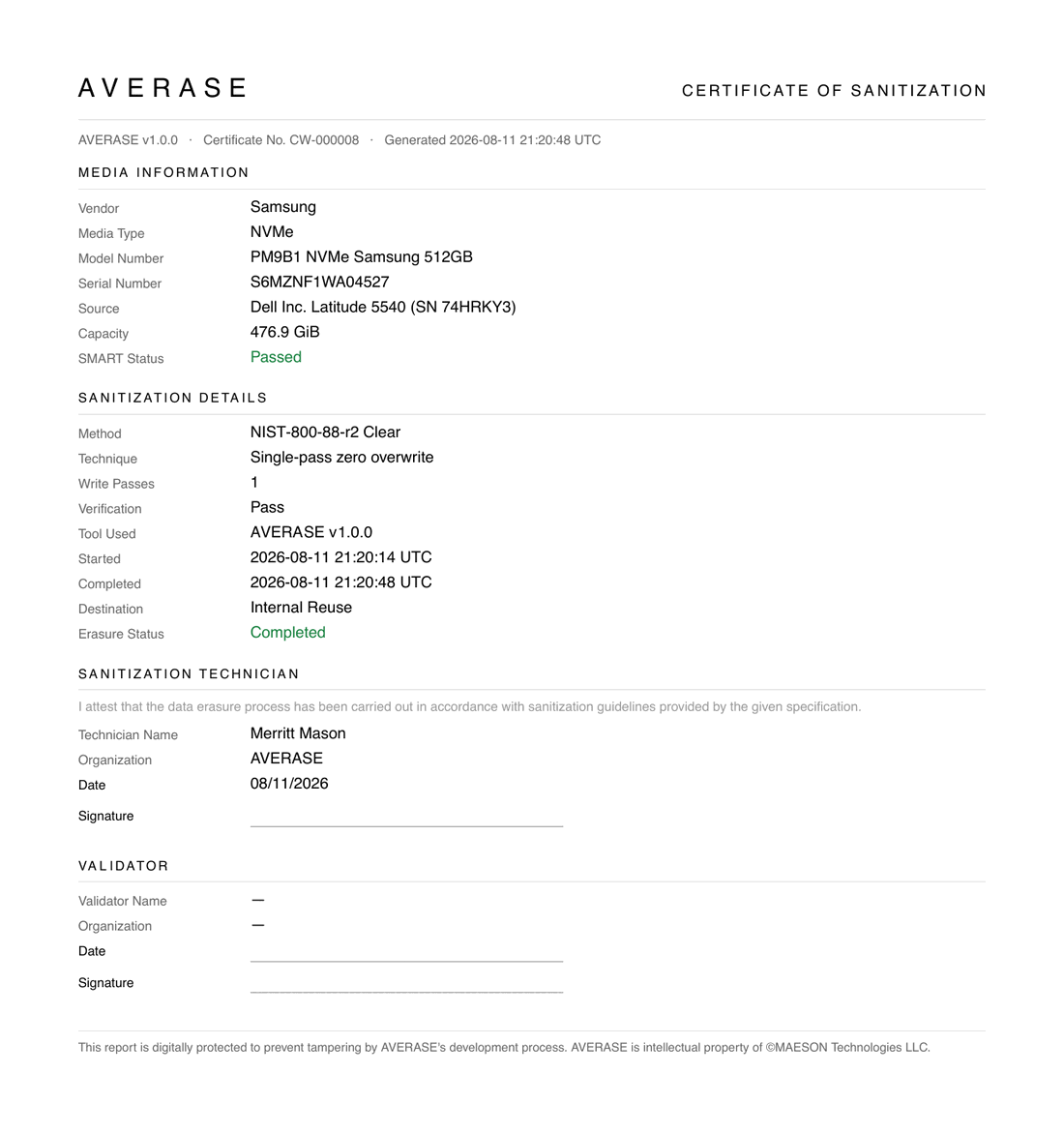 An AVERASE Certificate of Sanitization for certificate CW-000008, showing the media information, sanitization details, technician and validator sections.