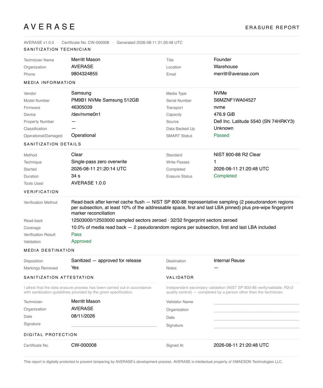 An AVERASE Erasure Report for certificate CW-000008, showing technician, media, sanitization, verification, destination, attestation, validator and digital protection sections.